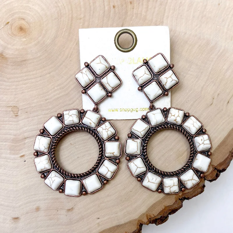 Party Earrings for Women-Copper Tone Square Post Earrings and Open Circle Pendant with White Stones