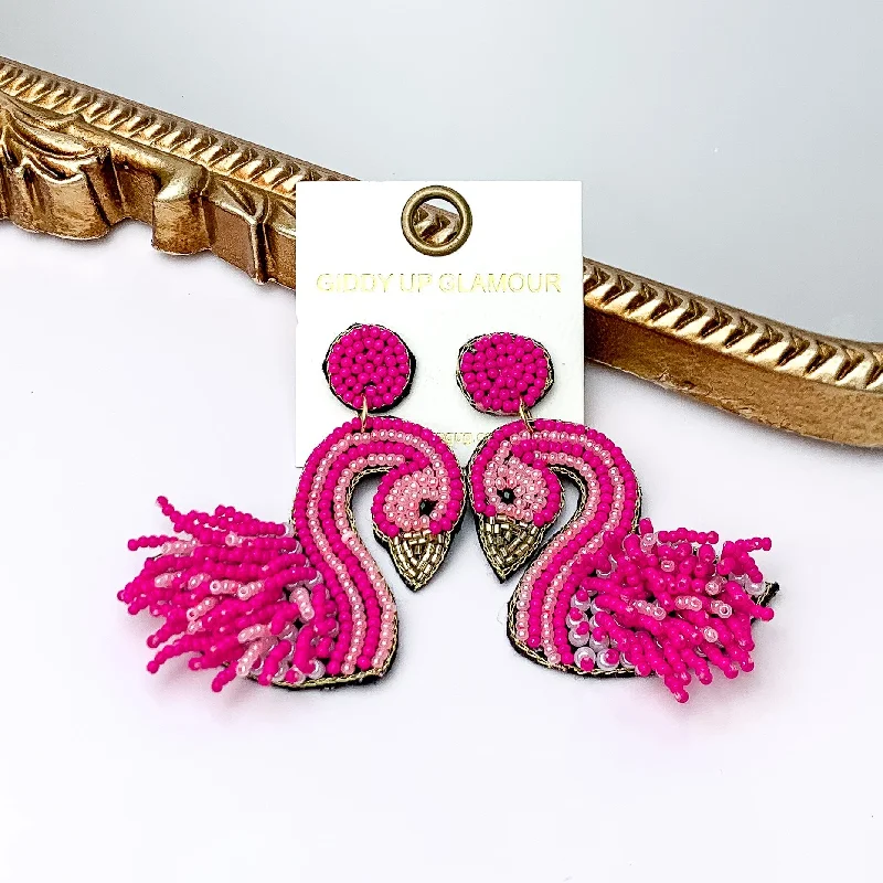 Designer Earrings for Women-Flamingo Seed Bead Earrings in Fuchsia