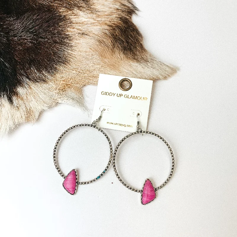 Pearl and Gold Earrings-Silver Tone Textured Hoop Earrings with Pink Stone