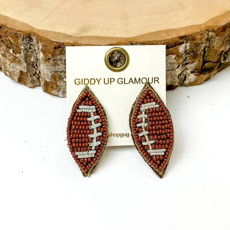 Rose Gold Hoop Earrings-Beaded Football Stud Earrings in Brown