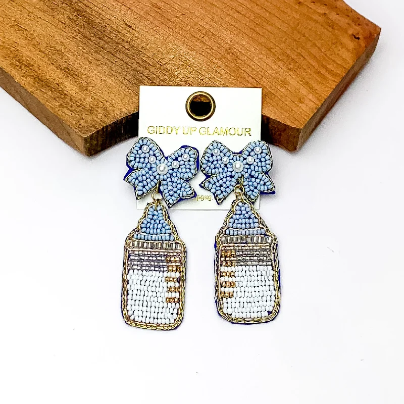 Party Earrings for Women-Baby Blue and White Beaded Bottle Earrings with Blue Bow Studs