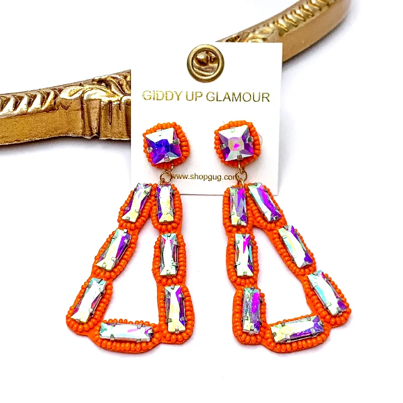 Silver Earrings with Diamonds-Vibrant Vistas Triangular Seed Bead Drop Earrings with AB Stones in Orange