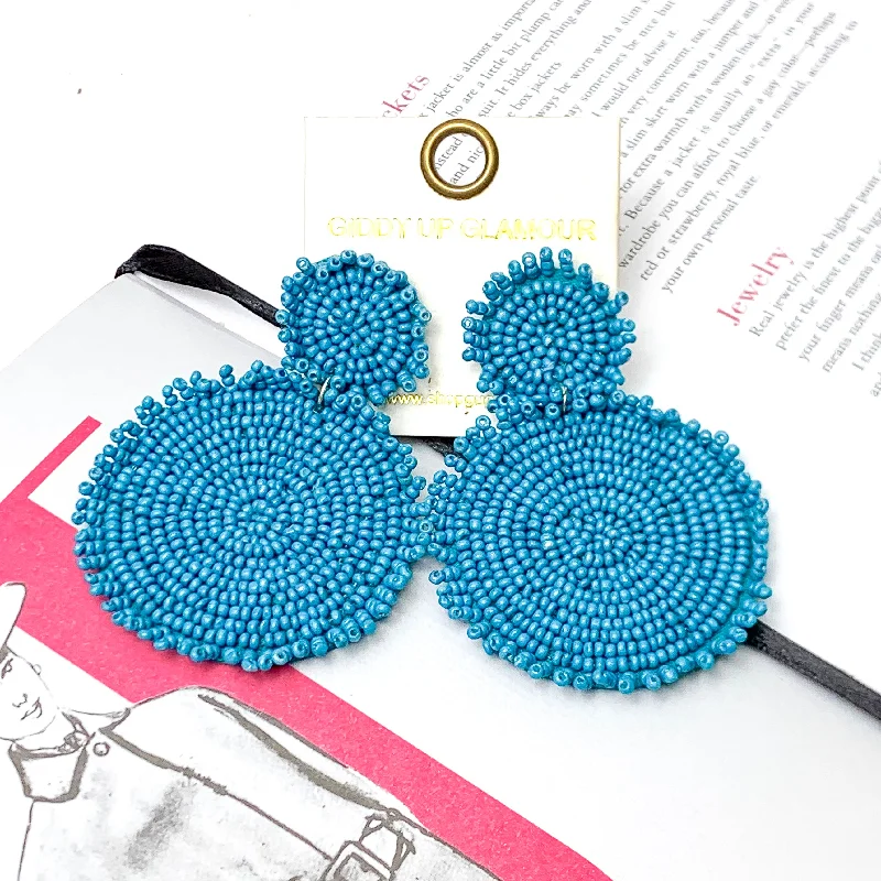 Designer Diamond Earrings-Circle Drop Two Tiered Beaded Earrings in Teal Blue