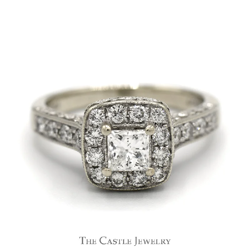 Unique Promise Ring-Princess Cut Diamond Engagement Ring with Diamond Halo and Accents in 14k White Gold