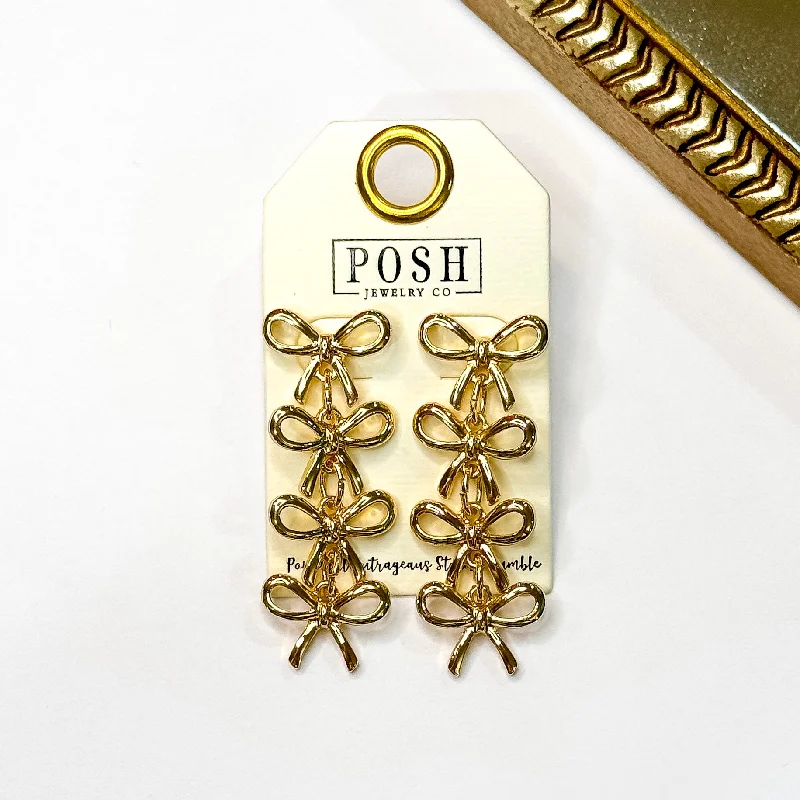 Gold Earrings with Crystals-Posh by Pink Panache | Gilded Glamour Gold Tone Bow Dangle Earrings