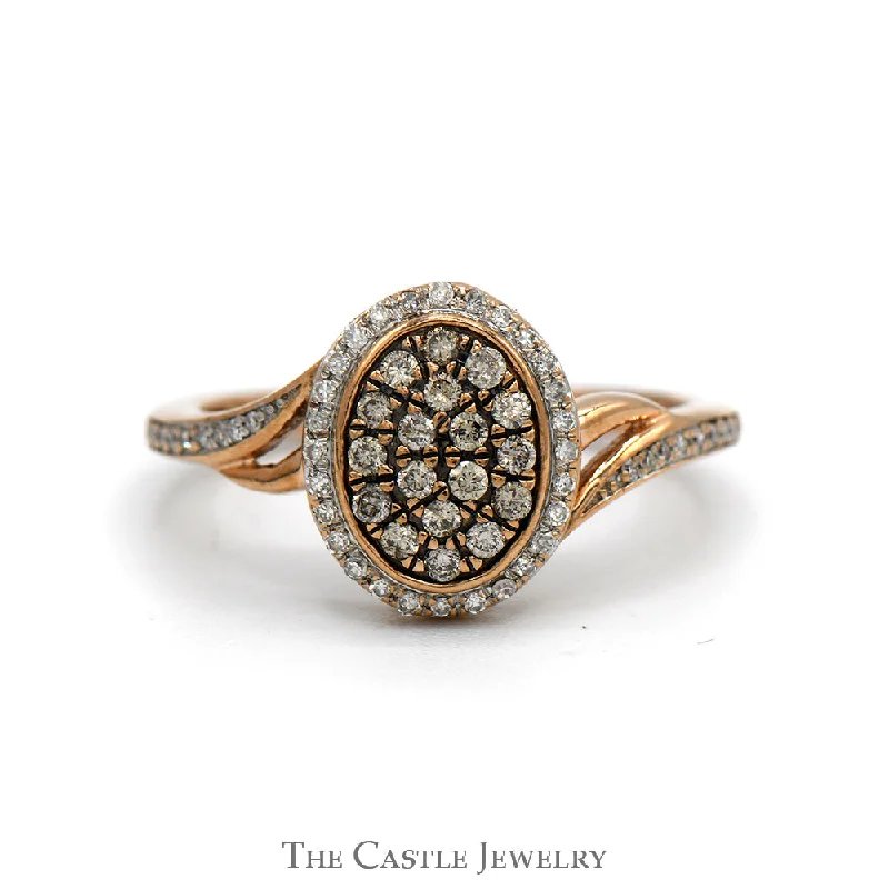 Vintage Engagement Ring with Diamonds-Oval Shaped Cocoa Diamond Cluster with White Diamond Halo and Accented Sides in 14k Rose Gold