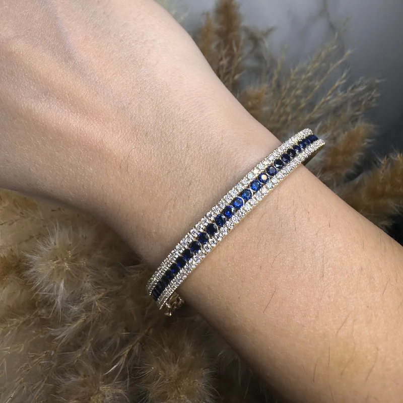 Unique Gemstone Beaded Bracelet-Round Brilliant 4.05 Carat Sapphire and Diamond 3 Rows Bangle BAN1S