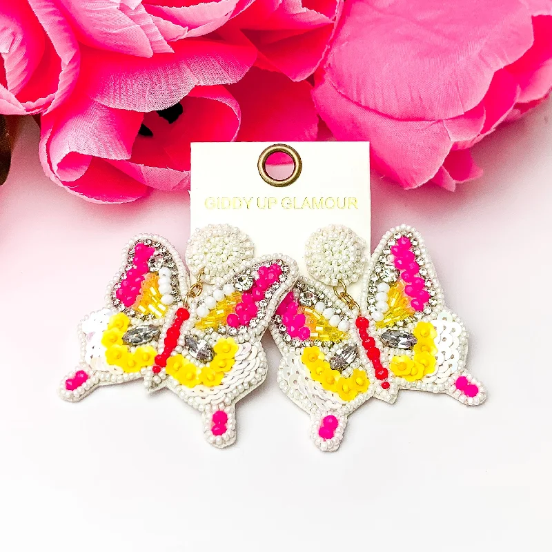 Diamond Dangle Earrings-Beaded Summertime Butterfly Earrings in White, Pink, and Yellow