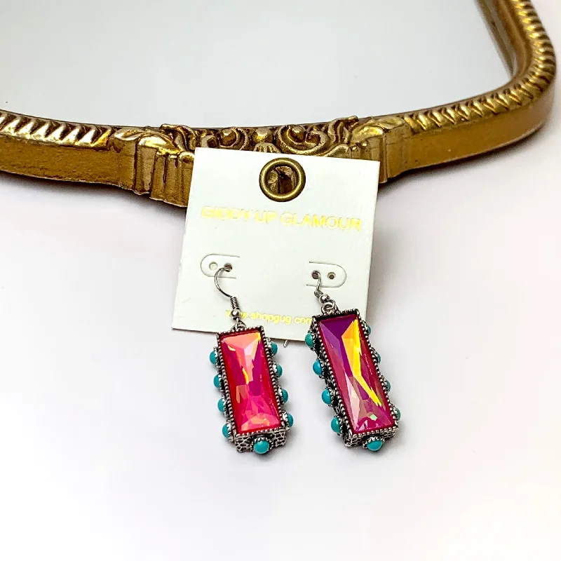 Small Gold Hoop Earrings-Fuchsia Pink Crystal Bar Drop Earrings with Faux Turquoise Border Accents