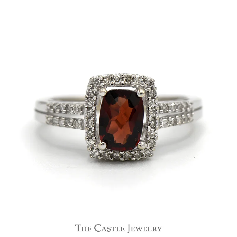 Birthstone Wedding Ring-Elongated Cushion Cut Garnet Ring with Diamond Halo and Diamond Accented Sides in 14k White Gold