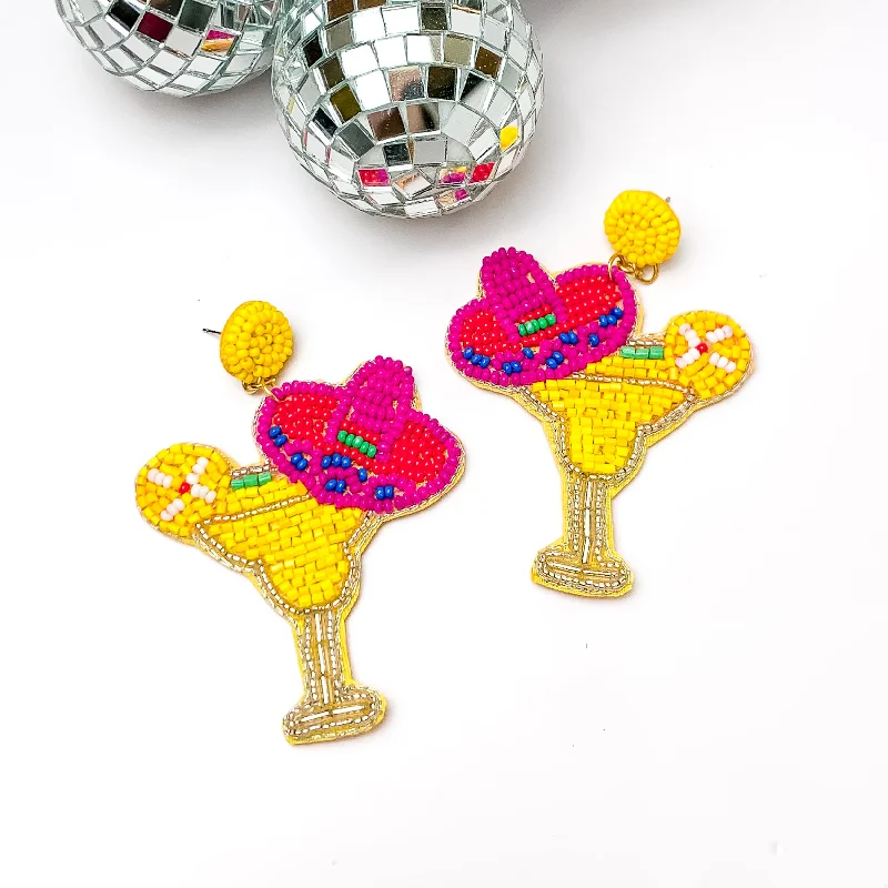 Vintage Earrings for Women-Cocktail Glass in Yellow with a Sombrero Hat Earrings