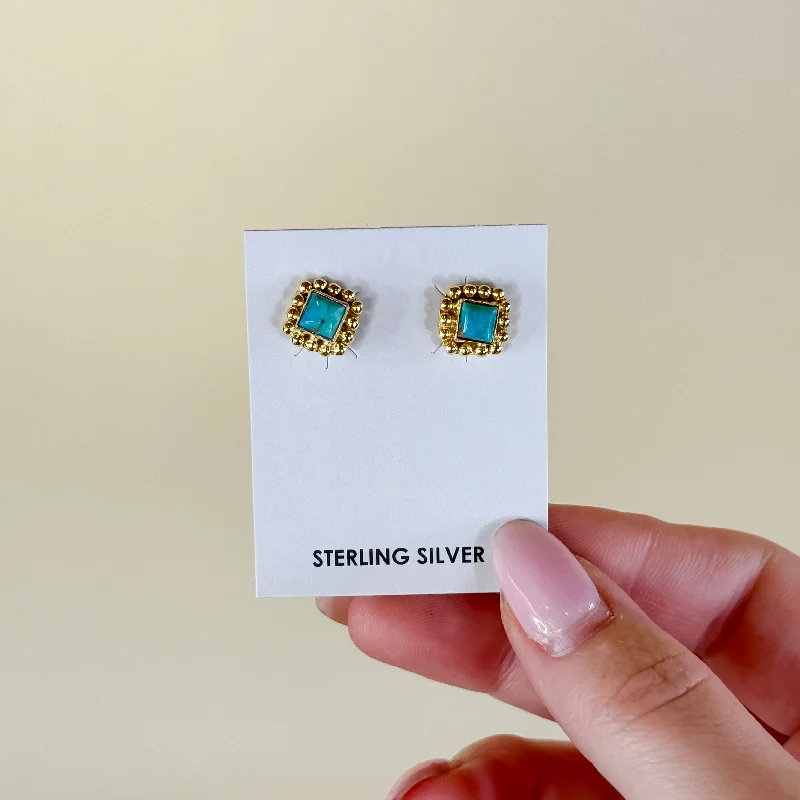 Bohemian Style Earrings-Hada Collection | Handmade Sterling Silver 14K Gold Square Kingman Turquoise Stud Earrings