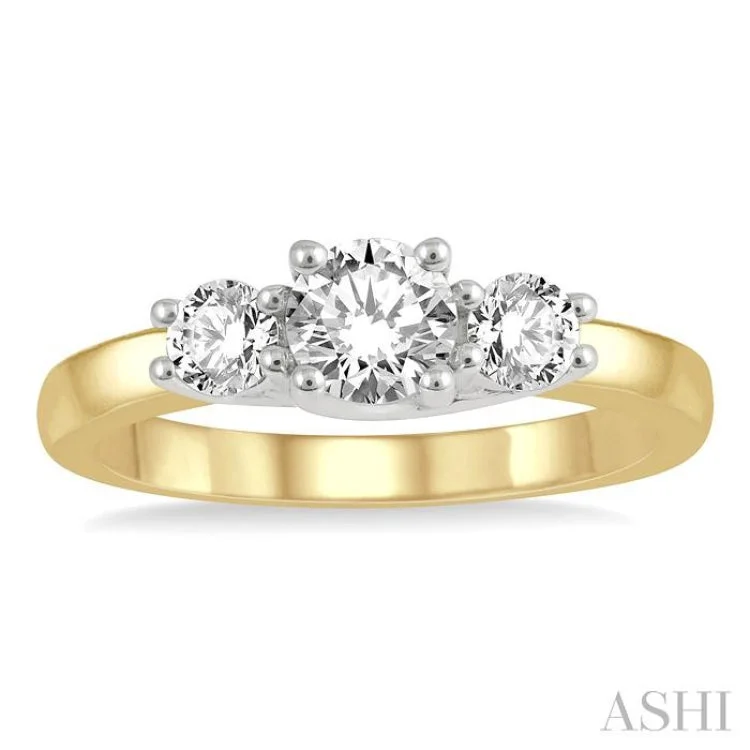 Trendy Stackable Rings-3/4 Ctw Round Cut Diamond Three-Stone Ring in 14K Yellow and White Gold