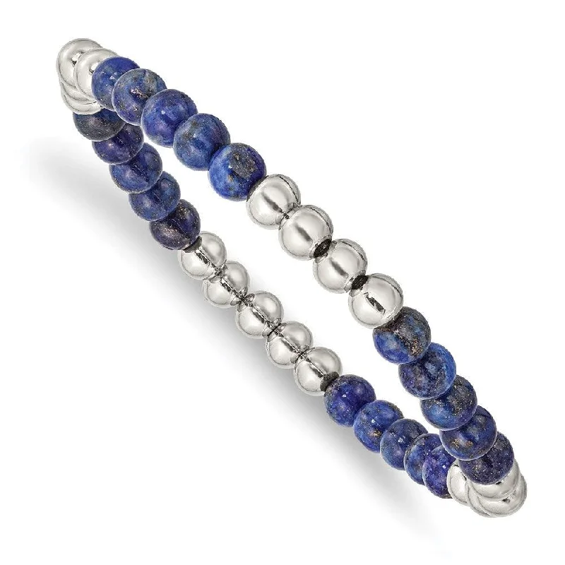 Stackable Gold Bracelets-Stainless Steel Polished Lapis Beaded Stretch Bracelet