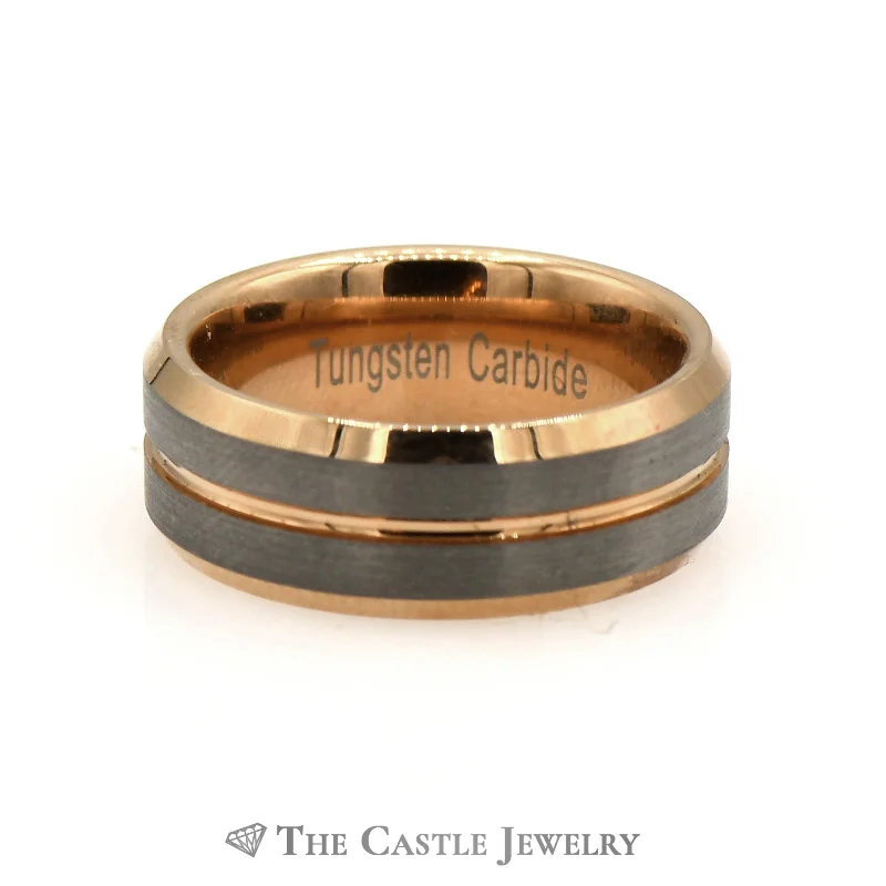 Designer Wedding Ring Set-Gent's Tungsten Carbide And Rose Gold Tone Wedding Band