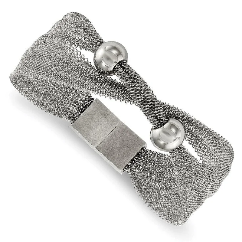 Bohemian Style Bracelet-Stainless Steel Polished Bead Mesh 7in Bracelet