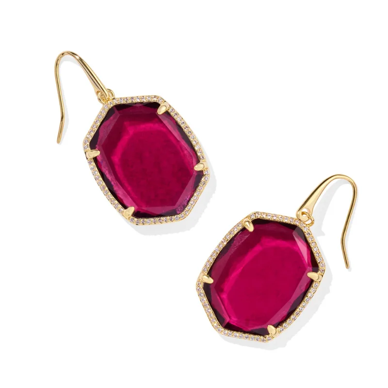 Customizable Earrings-Kendra Scott | Daphne Pave Frame Gold Drop Earrings in Berry Mica