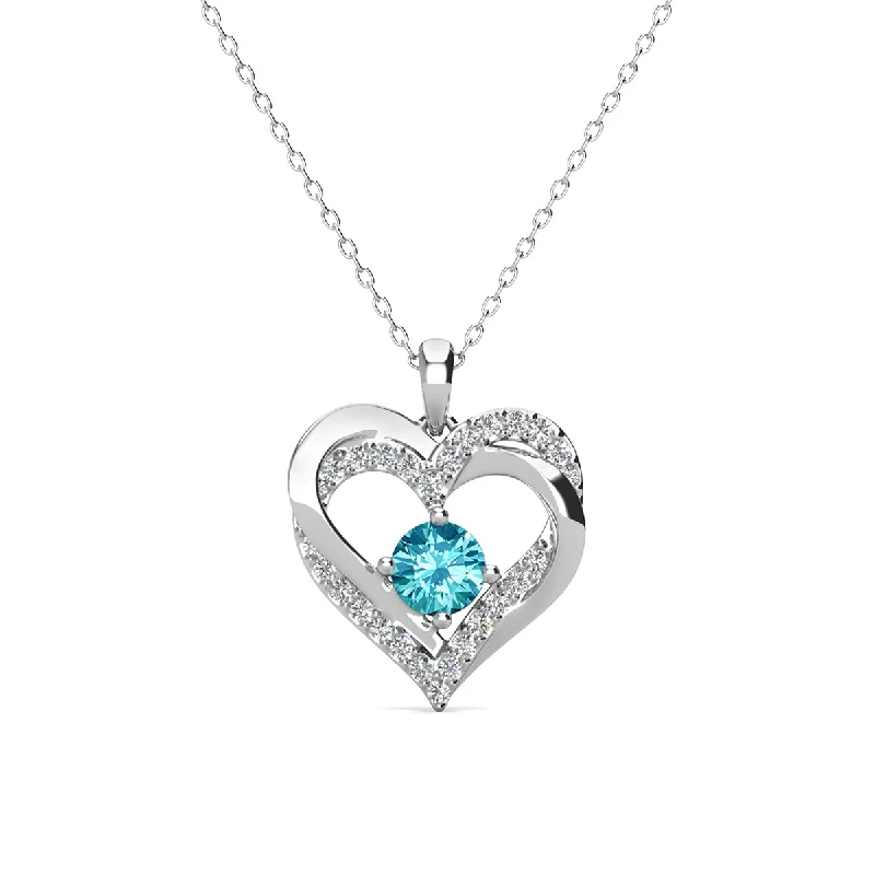 Beautiful Sapphire Necklace-Forever March Birthstone 18k White Gold Plated Silver Double Heart Diamond Necklace with Swarovski Crystals