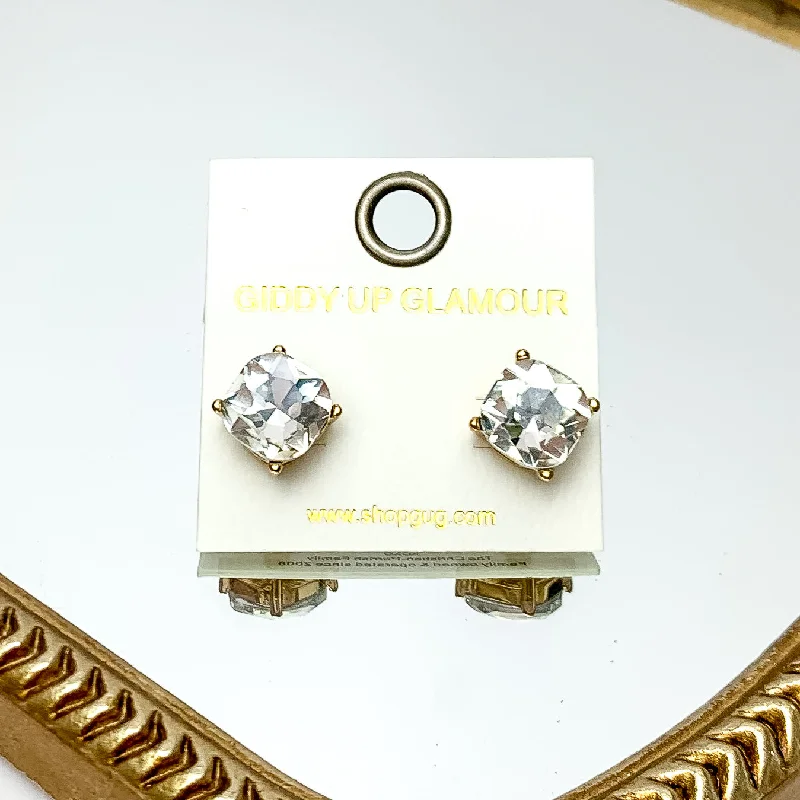 Trendy Earrings for Bridesmaids-Large Clear Crystal Stud Earrings in Gold Tone