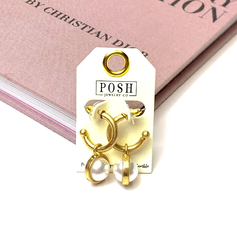 Round Diamond Earrings-Posh By Pink Panache | Huggie Hoop Earrings with Pearl Charm in Gold