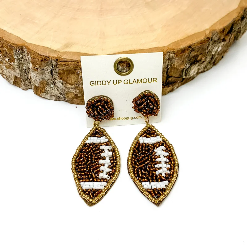 Fine Silver Earrings-Beaded Football Earrings in Brown and White