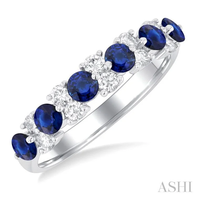 Beautiful Custom Ring-1/3 ctw Round Cut 3MM Sapphire and Diamond Precious Band in 14K White Gold