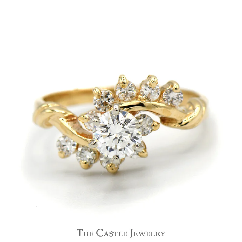 Custom Diamond Ring for Bride-Diamond Cluster Ring with Bypass Design in 14k Yellow Gold