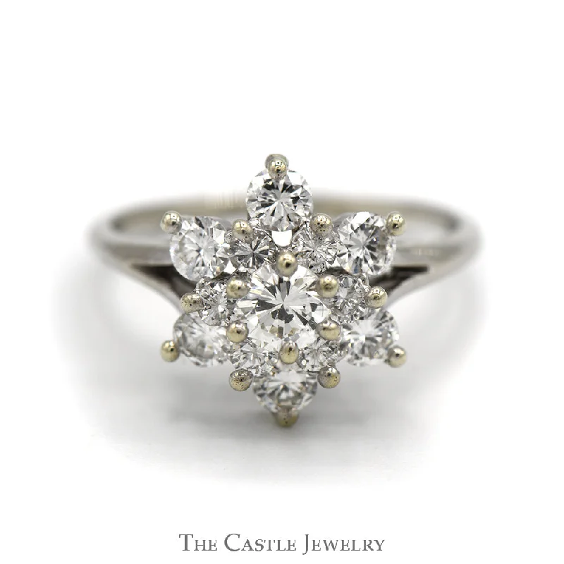 Simple Silver Ring-1cttw 13 Round Diamond Snowflake Cluster Ring in 18k White Gold