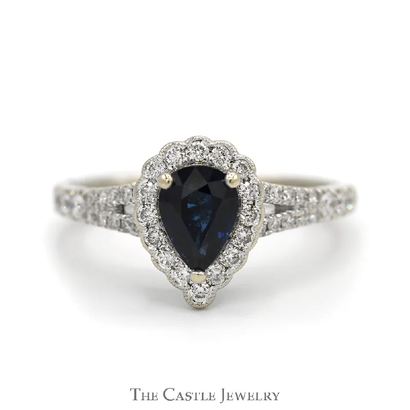 Antique Wedding Ring Set-Neil Lane Designer Pear Cut Sapphire Ring with Diamond Halo and Accented Sides in 14k White Gold