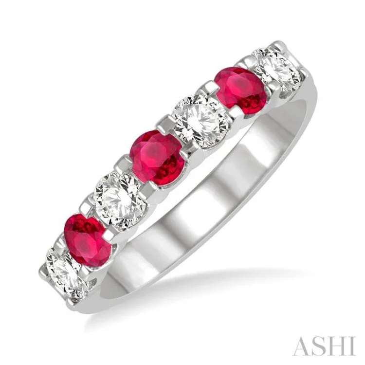 Gorgeous Wedding Ring Set-1/2 ctw Round Cut Diamond and 3.3MM Ruby Precious Wedding Band in 14K White Gold