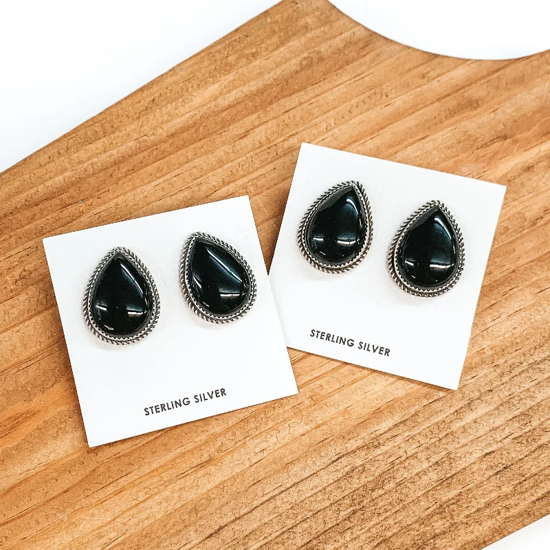 Unique Design Earrings-Judith Dixon | Navajo Handmade Sterling Silver Teardrop Earrings with Black Onyx Stones