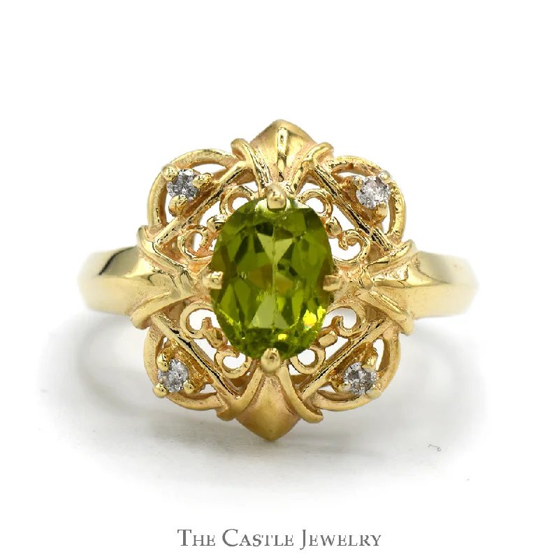 Custom Engagement Ring Set for Women-Oval Peridot Ring with Diamond Accented Filigree Halo in 10k Yellow Gold