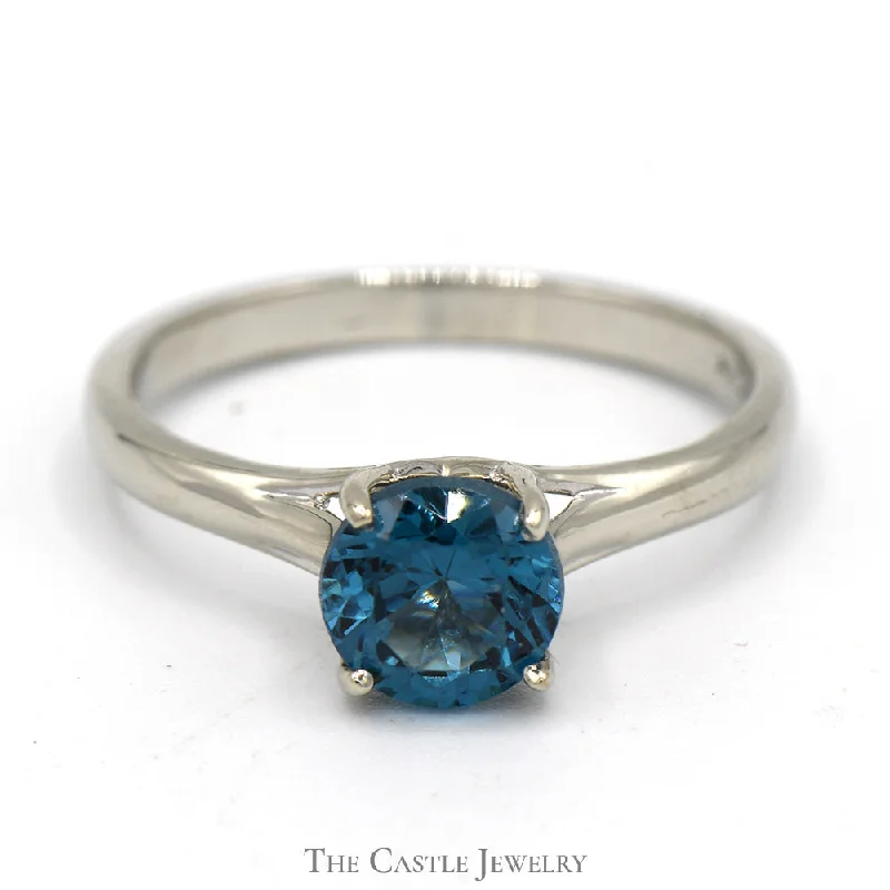 Elegant Silver Ring for Women-Round Blue Topaz Solitaire Engagement Ring in 14k White Gold