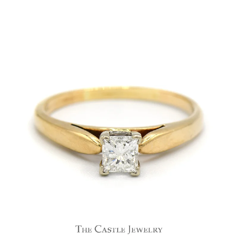 Gemstone Ring for Women-.55ct Princess Cut Diamond Solitaire Engagement Ring in 14k Yellow Gold Cathedral Mounting