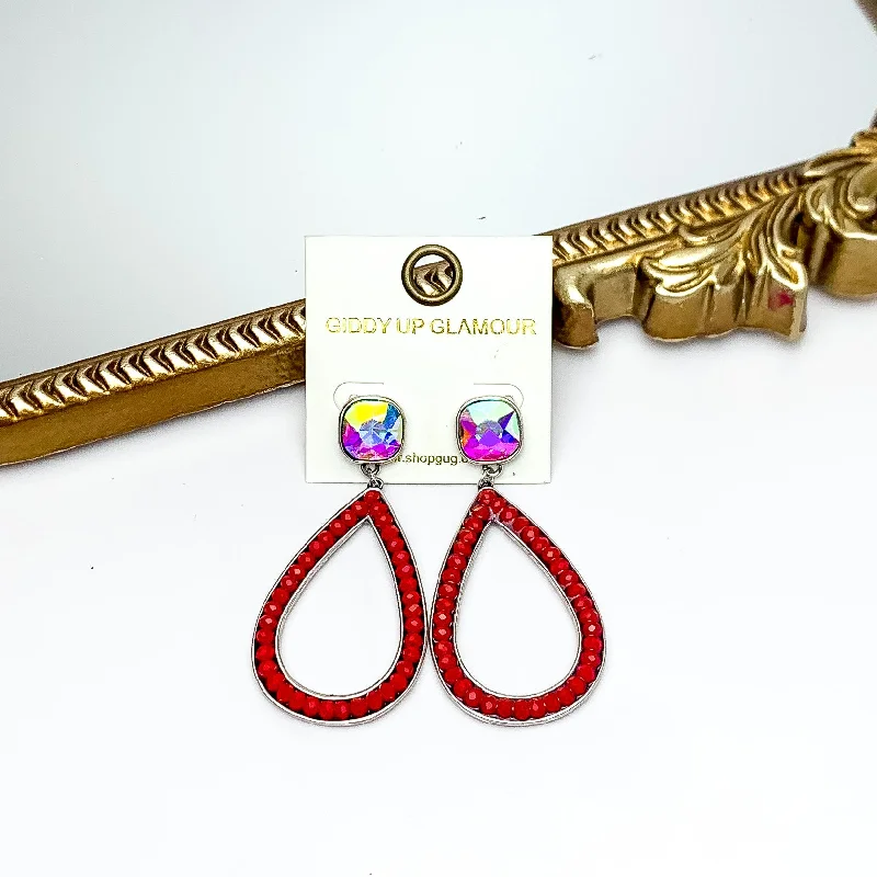 Handmade Gold Earrings-Glass Beaded Teardrop Post Earrings with AB Crystal in Red