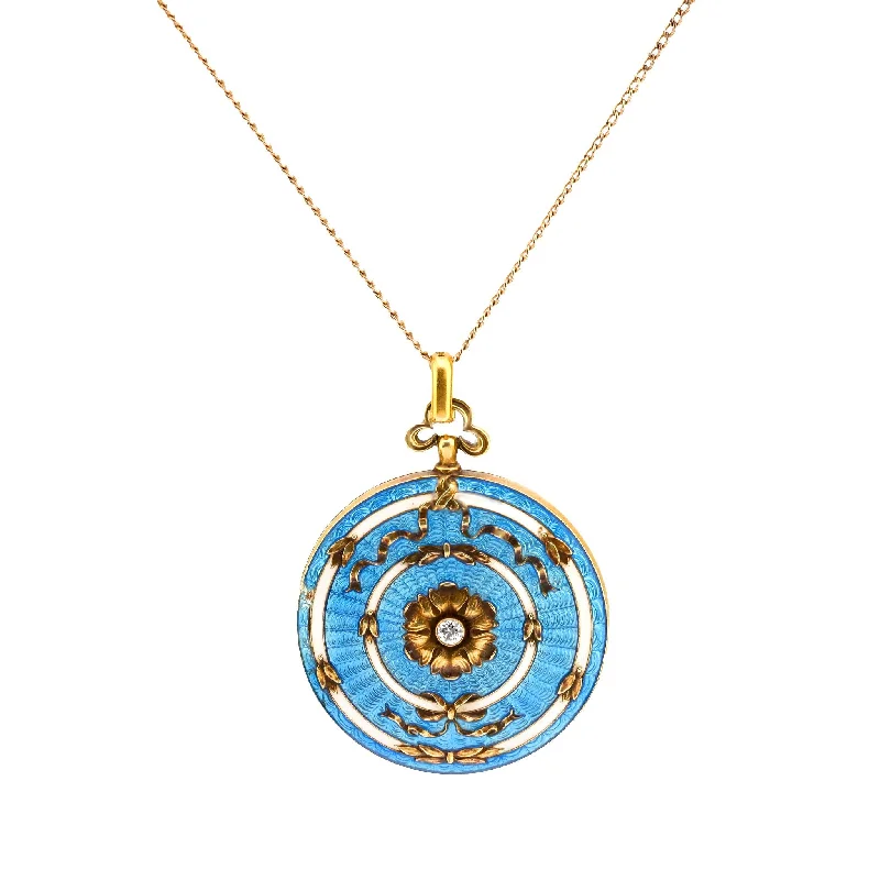 Bridal Necklace with Diamonds-Antique diamond 14k yellow gold blue guillouche enamel locket necklace