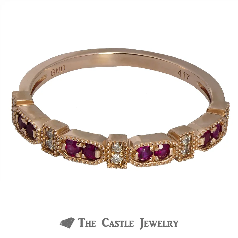 Elegant Wedding Band with Diamonds-Ruby Stackable Ring with Diamonds & Beaded Edges 10K