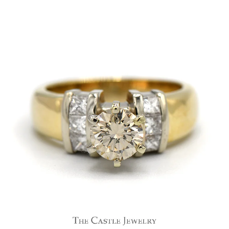 Custom Engagement Ring for Bride-Round Cognac Diamond Engagement Ring with Princess Cut Diamond Accents in 14k Yellow Gold