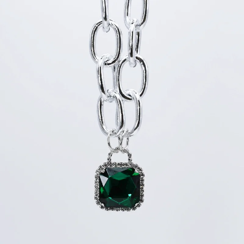 Unique Silver Necklace-Emerald Glamour Chunk Necklace Silver