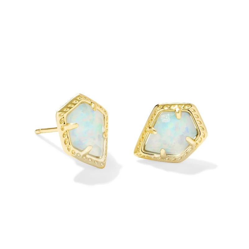 Wedding Earrings with Crystals-Kendra Scott | Framed Tessa Gold Stud Earrings in Gold Luster Light Blue Kyocera Opal