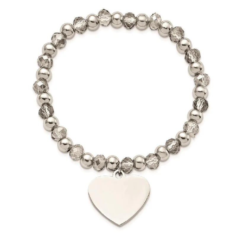 Custom Engraved Leather Bracelet-Stainless Steel Polished w/Grey Glass Beads Heart Dangle Stretch Bracelet