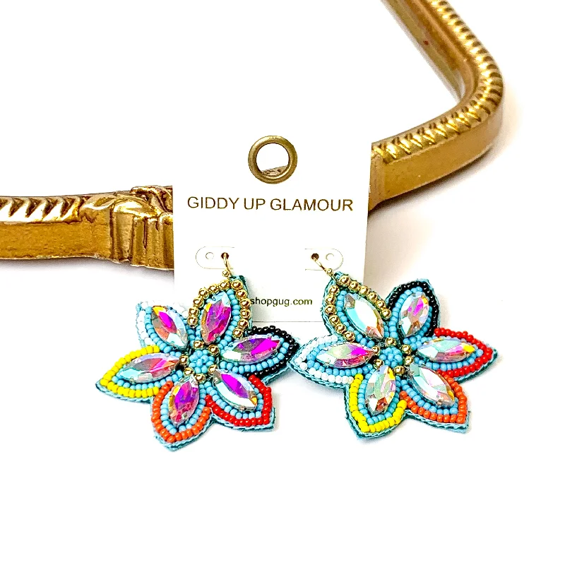 Stunning Crystal Earrings-Desert Daisy Multicolored Flower Shaped Earrings with AB Crystal Accents in Turquoise Blue