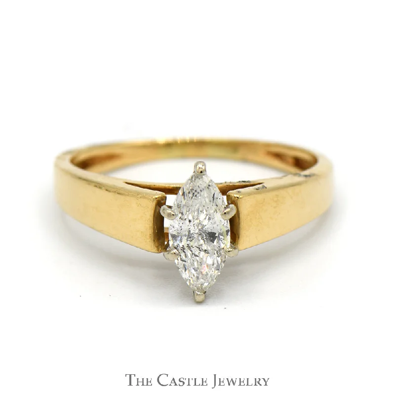 Elegant Wedding Ring-1/2ct Marquise Cut Diamond Solitaire in 14k Yellow Gold Cathedral Mounting