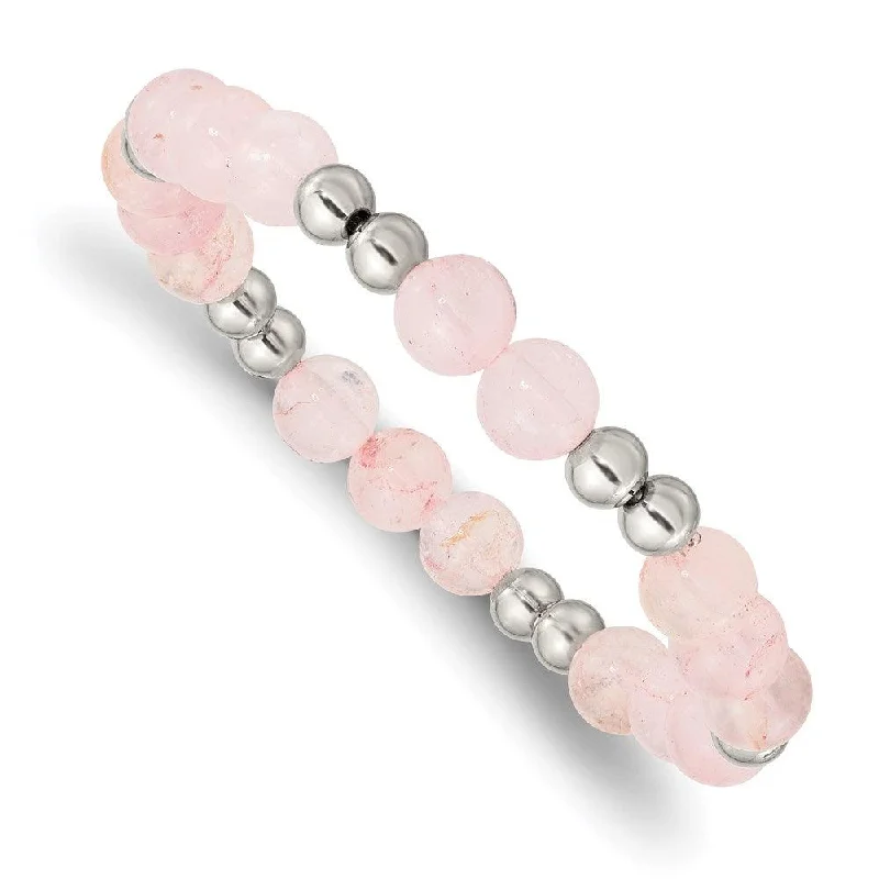 Trendy Silver Bangle-Stainless Steel Polished Pink Quartz Beaded Stretch Bracelet