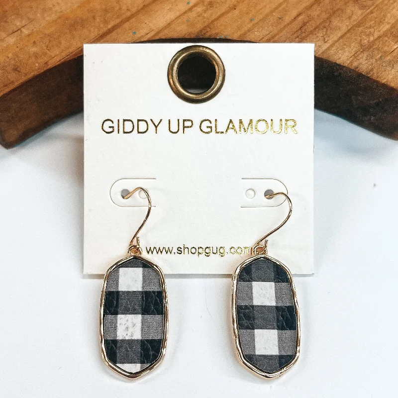 Classic Dangle Earrings-Rectangular Gold Drop Earrings in Black and White Buffalo Plaid