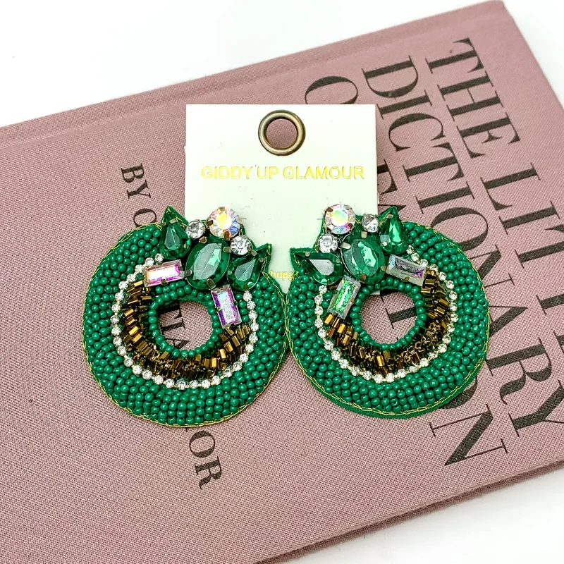 Minimalist Gold Earrings-Circle Beaded Post Earrings with Jeweled Detailing in Green