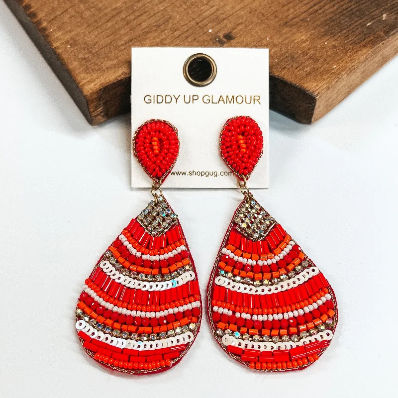 Statement Earrings for Weddings-Beaded Mix and Crystal Teardrop Earrings in Red