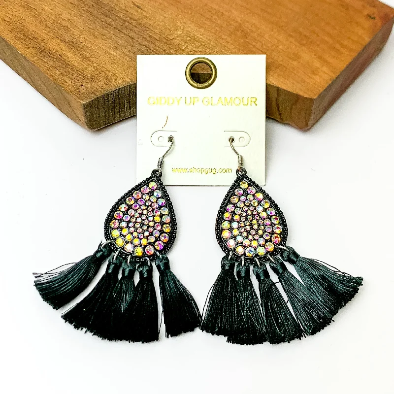 Cute Animal Earrings-AB Crystal Teardrop Earrings with Tassel Trim in Black