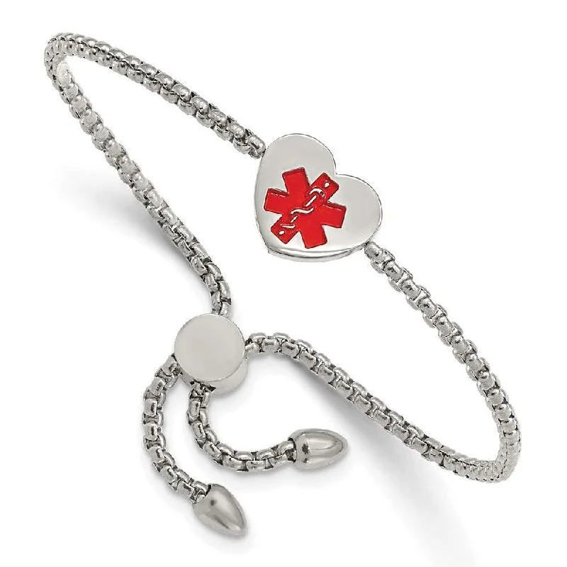 Silver Bracelet with Engraving-Stainless Steel Polished Red Enamel Heart Medical ID Adjustable Bracelet