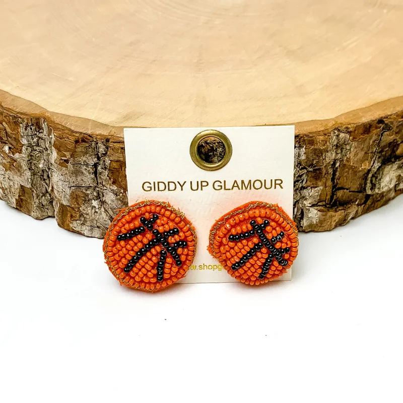 Black Earrings for Women-Beaded Basketball Stud Earrings in Orange